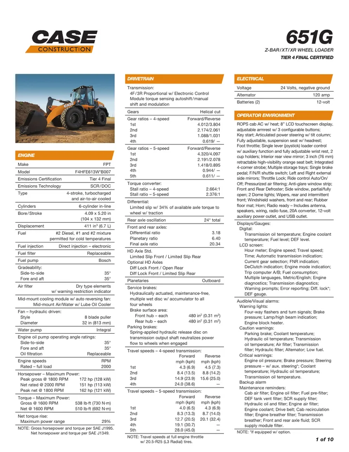 Case 651G machine manual cover: Case 651G Technical specification