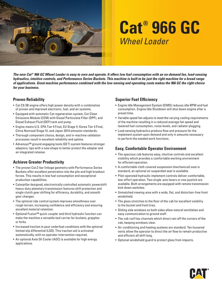 Caterpillar CAT®966 GC machine manual cover: Caterpillar CAT®966 GC Key features