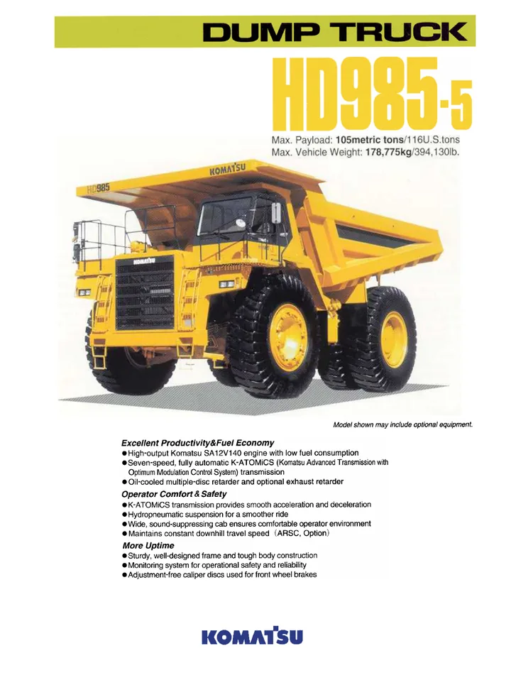 Komatsu HD985-5 machine manual cover: komatsu-hd985-5-2eda879cf31c-product-brochure