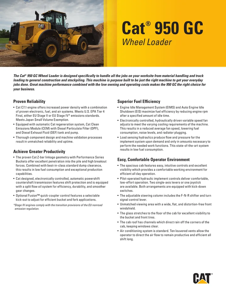 Caterpillar CAT®950 GC machine manual cover: Caterpillar CAT®950 GC Key features