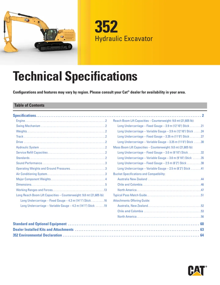 Caterpillar CAT®352 machine manual cover: Caterpillar CAT®352 Technical specification