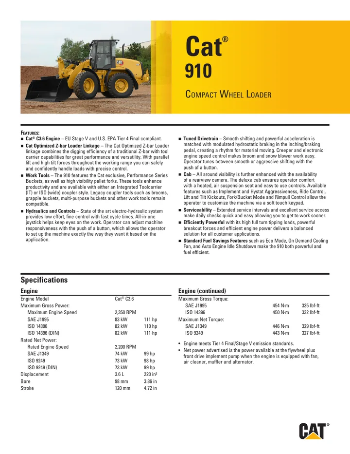 Caterpillar CAT®910 machine manual cover: Caterpillar CAT®910 Product brochure