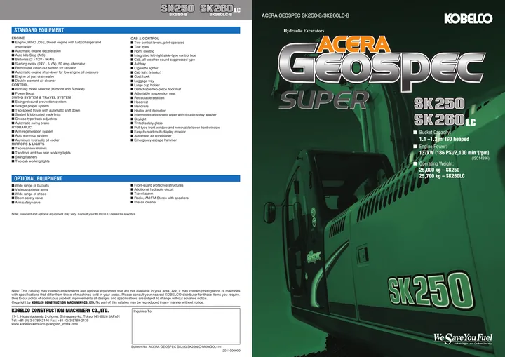 Kobelco SK250-8 machine manual cover: Kobelco SK250-8 Product brochure