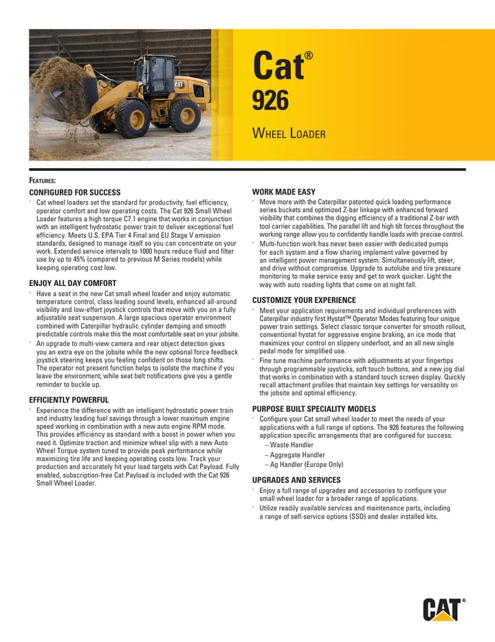 Caterpillar CAT®926 machine manual cover: Caterpillar CAT®926 Product brochure