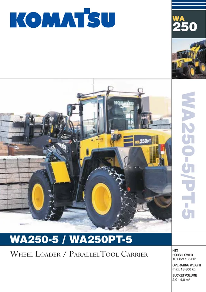 Komatsu WA250-5 machine manual cover: komatsu-wa250-5-c6f32bafa8cb-product-brochure