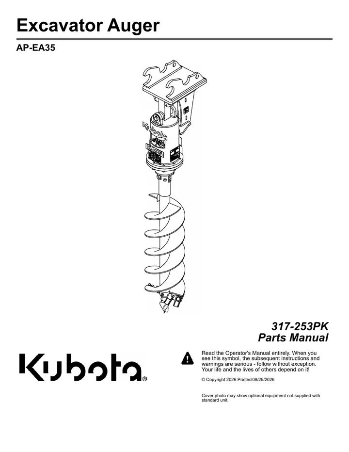 Kubota AP-EA35 Excavator Auger machine manual cover