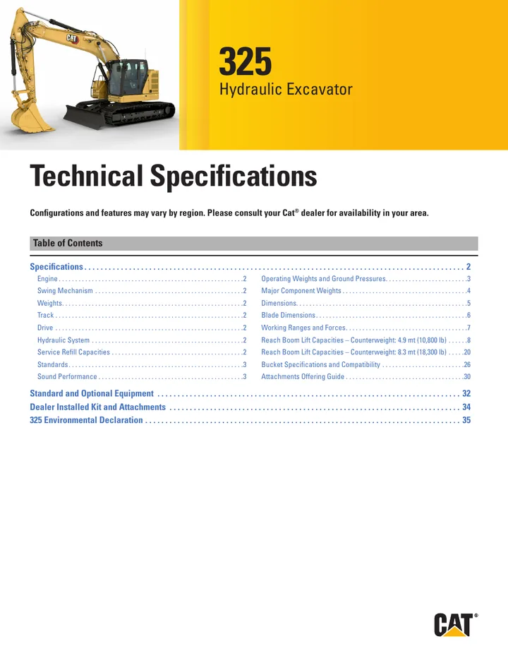 Caterpillar CAT®325 machine manual cover: Caterpillar CAT®325 Technical specification