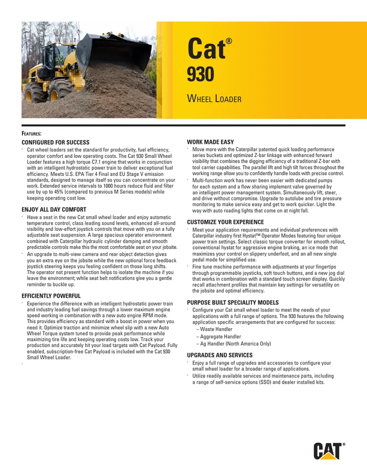 Caterpillar CAT®930 machine manual cover: Caterpillar CAT®930 Product brochure