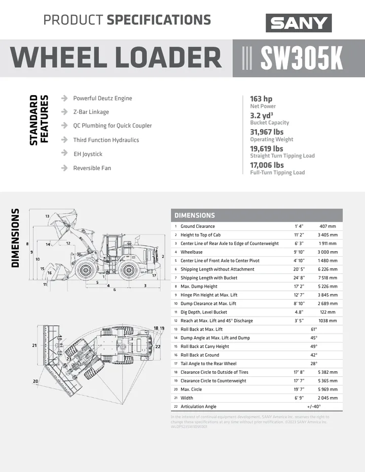 SANY SW305K machine manual cover: SANY SW305K Technical specification sheet