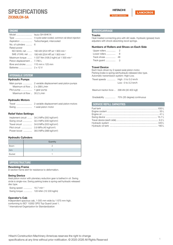 Hitachi ZX350LCH-5A machine manual cover: Hitachi ZX350LCH-5A Product specification