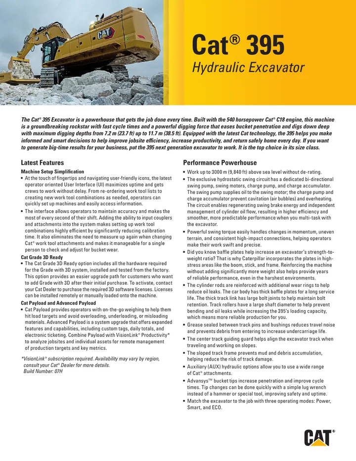 Caterpillar CAT®395 machine manual cover: Caterpillar CAT®395 Key features