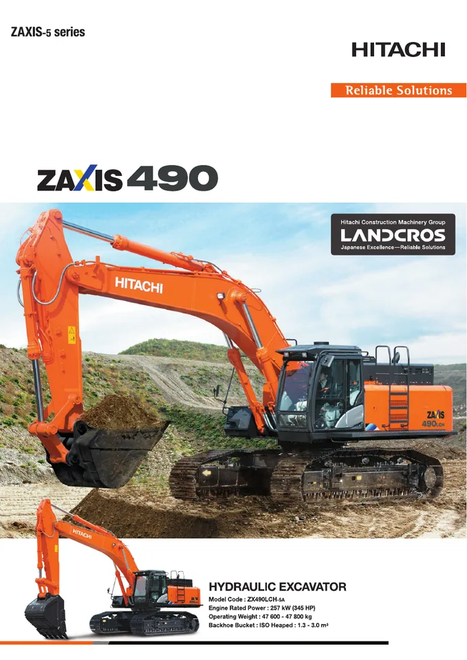 Hitachi ZX490LCH-5A machine manual cover: Hitachi ZX490LCH-5A Product specification