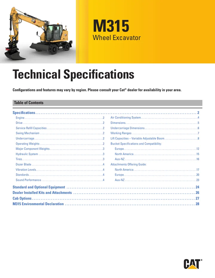 Caterpillar CAT®M315 machine manual cover: Caterpillar CAT®M315 Technical specification