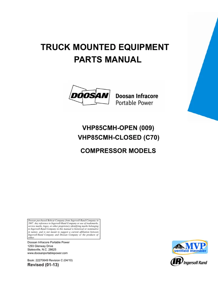 Doosan Portable Power VHP85CMH machine manual cover: doosan-vhp85-parts-manual-22270649