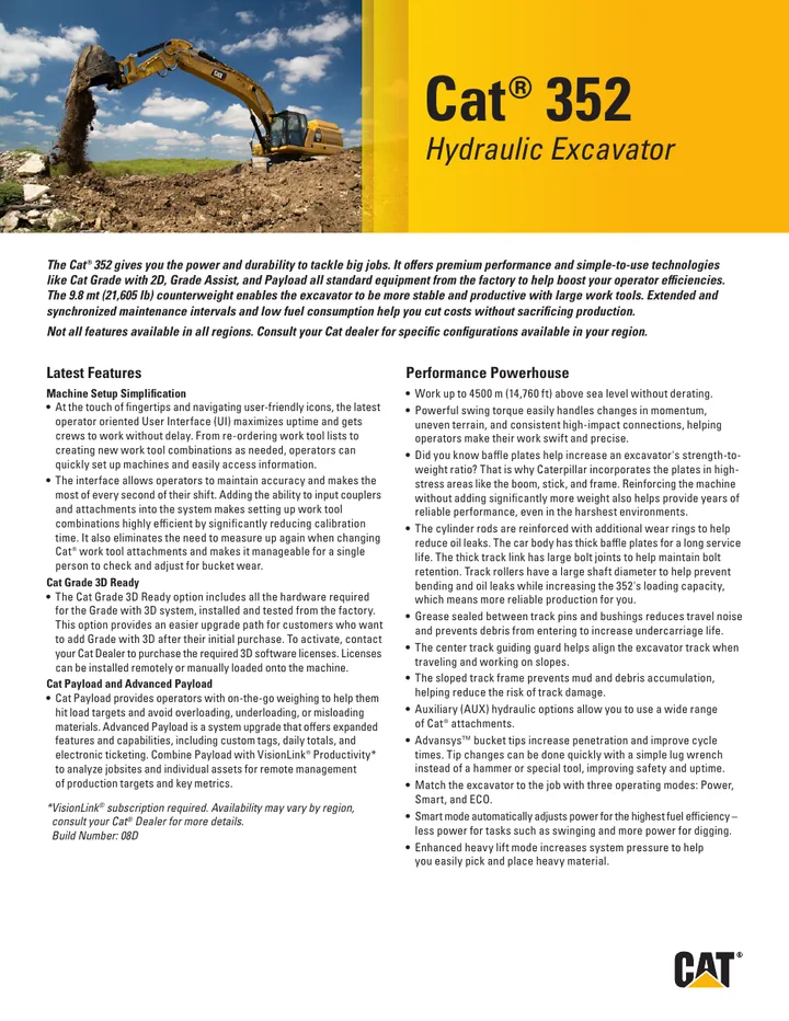 Caterpillar CAT®352 machine manual cover: Caterpillar CAT®352 Key features