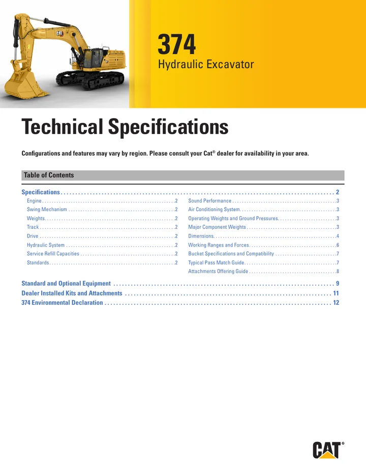 Caterpillar CAT®374 machine manual cover: Caterpillar CAT®374 Technical specification