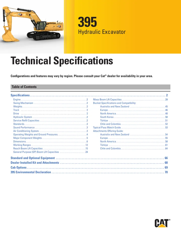 Caterpillar CAT®395 machine manual cover: Caterpillar CAT®395 Technical specification