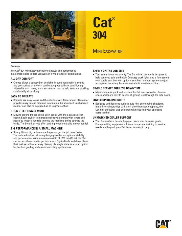 Caterpillar CAT®304 machine manual cover: Caterpillar CAT®304 Product brochure