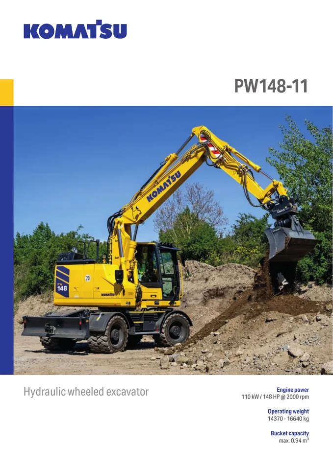 Komatsu PW148-11 machine manual cover: komatsu-pw148-11-e985b94850f9-product-brochure