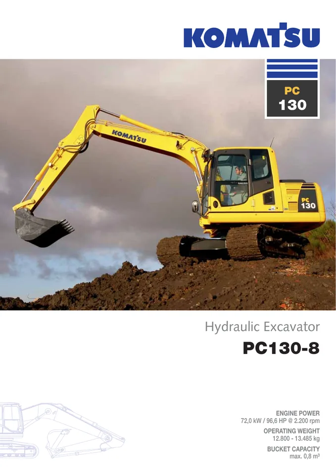 Komatsu PC130-8 machine manual cover: komatsu-pc130-8-0e0d7d9ae623-product-brochure