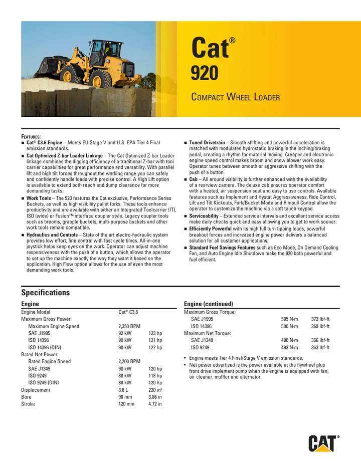 Caterpillar CAT®920 machine manual cover: Caterpillar CAT®920 Product brochure