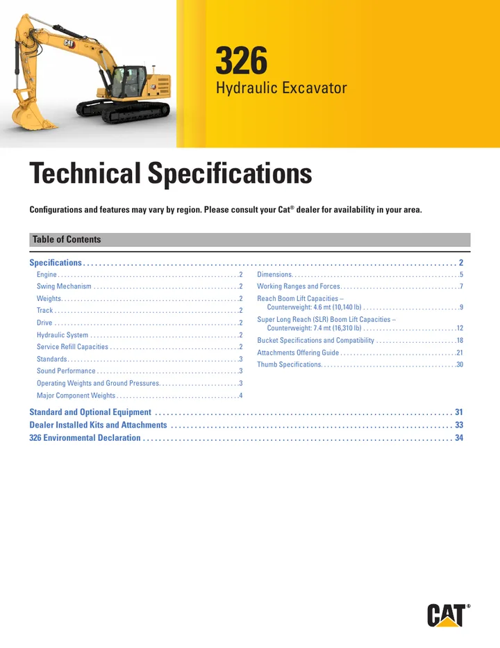 Caterpillar CAT®326 machine manual cover: Caterpillar CAT®326 Technical specification