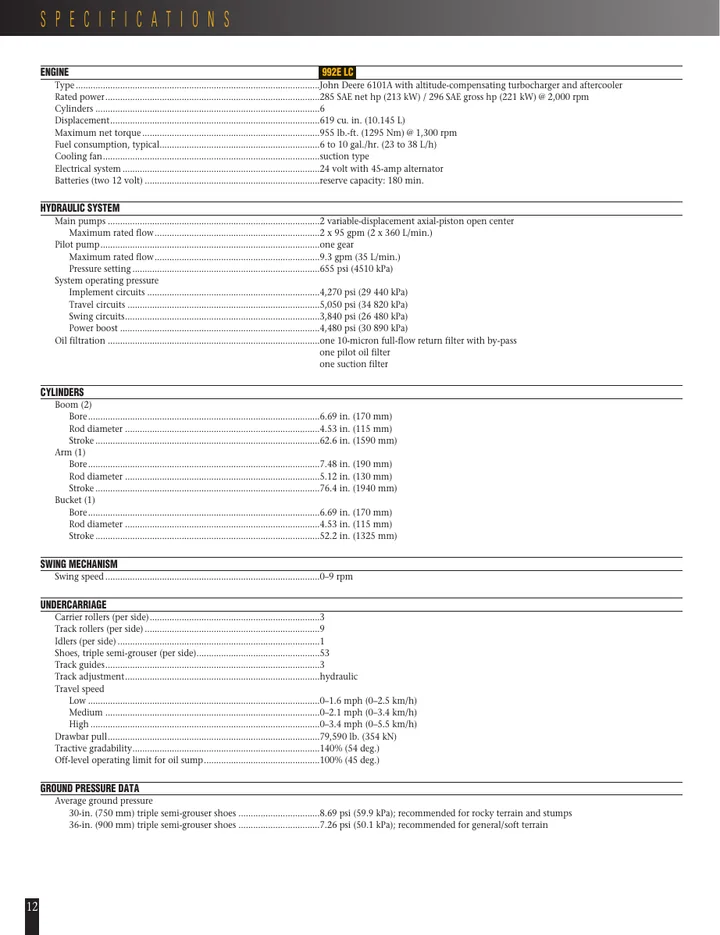 John Deere 992ELC machine manual cover: john-deere-992elc-976bc24cd3-official-brochure