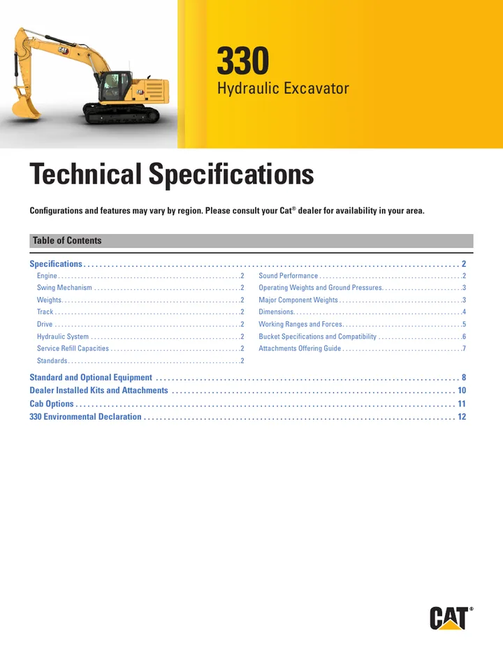 Caterpillar CAT®330 machine manual cover: Caterpillar CAT®330 Technical specification