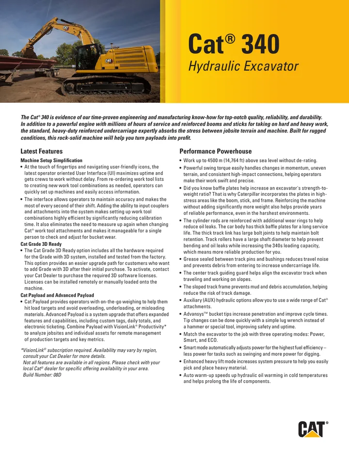Caterpillar CAT®340 machine manual cover: Caterpillar CAT®340 Key features