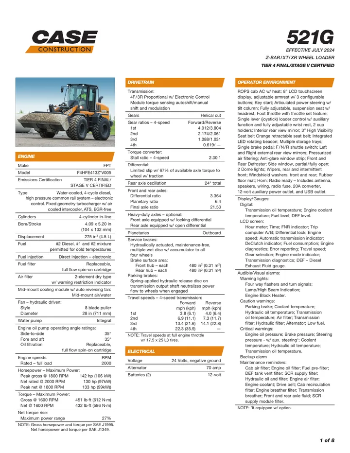 Case 521G machine manual cover: Case 521G Technical specification