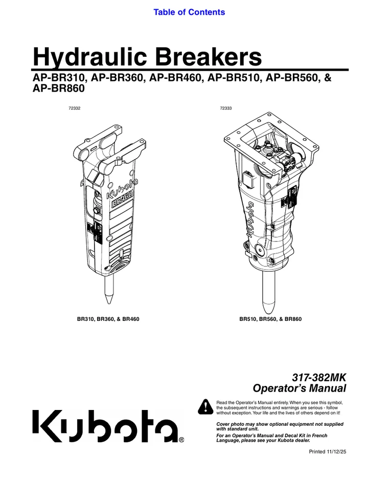 Kubota AP-BR310 / AP-BR360 / AP-BR460 / AP-BR510 / AP-BR560 / AP-BR860 machine manual cover