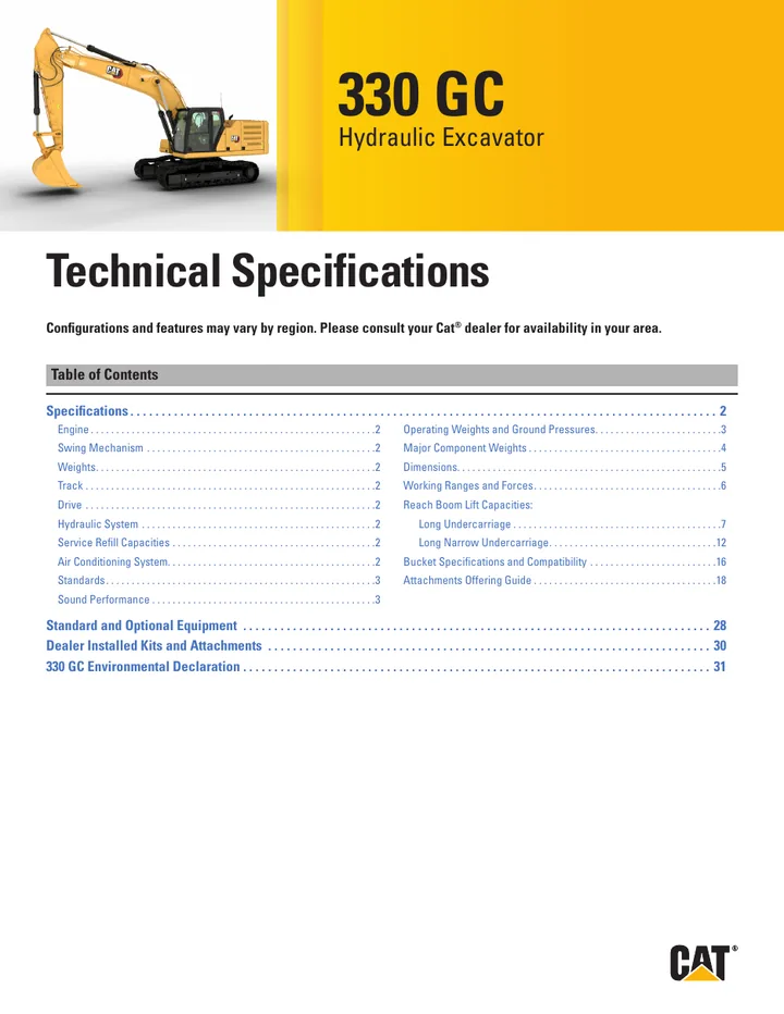 Caterpillar CAT®330 GC machine manual cover: Caterpillar CAT®330 GC Technical specification