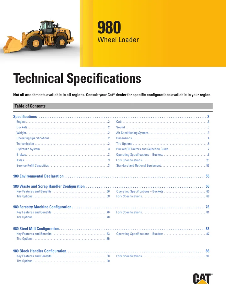Caterpillar CAT®980 machine manual cover: Caterpillar CAT®980 Technical specification