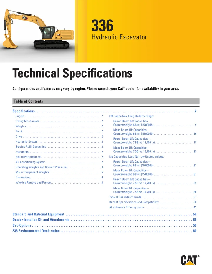 Caterpillar CAT®336 machine manual cover: Caterpillar CAT®336 Technical specification