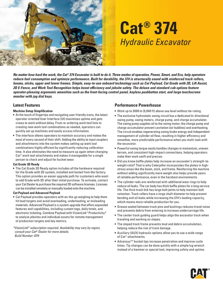 Caterpillar CAT®374 machine manual cover: Caterpillar CAT®374 Key features