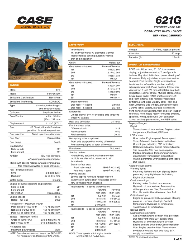 Case 621G machine manual cover: Case 621G Technical specification
