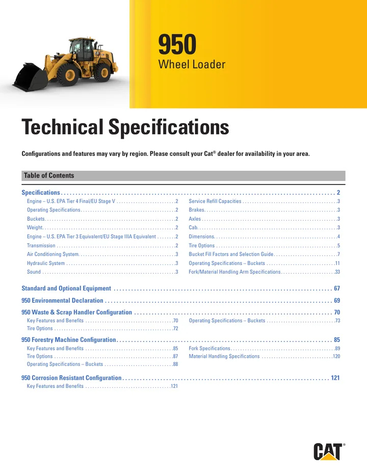 Caterpillar CAT®950 machine manual cover: Caterpillar CAT®950 Technical specification