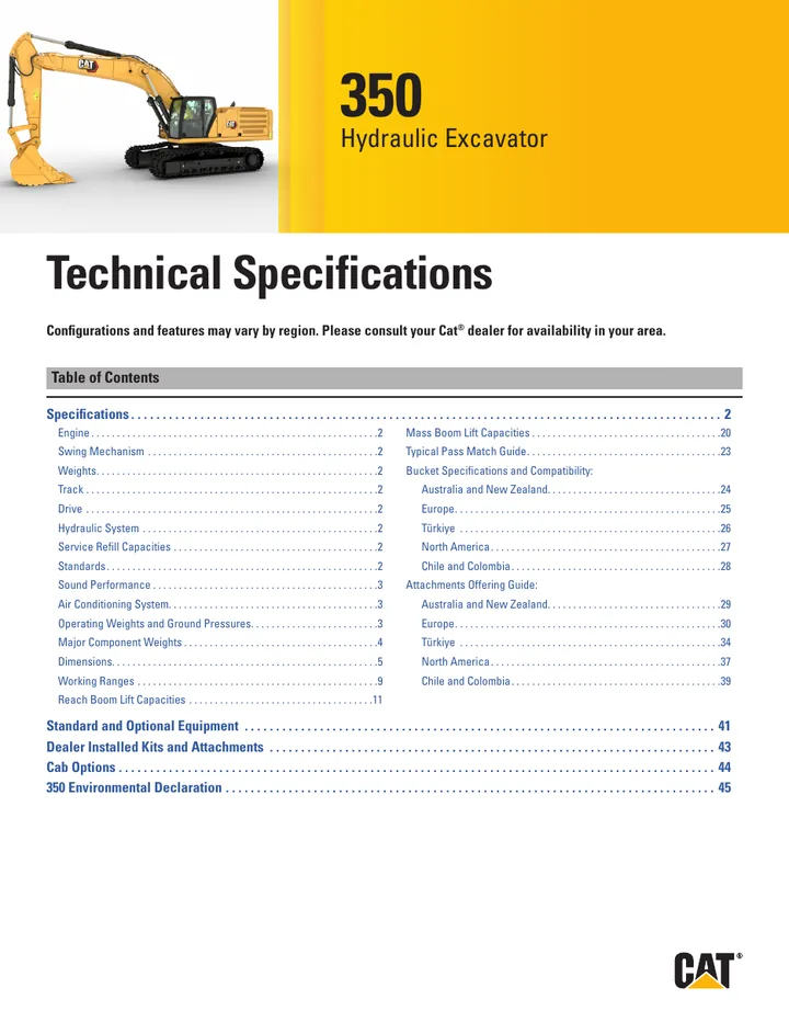 Caterpillar CAT®350 machine manual cover: Caterpillar CAT®350 Technical specification