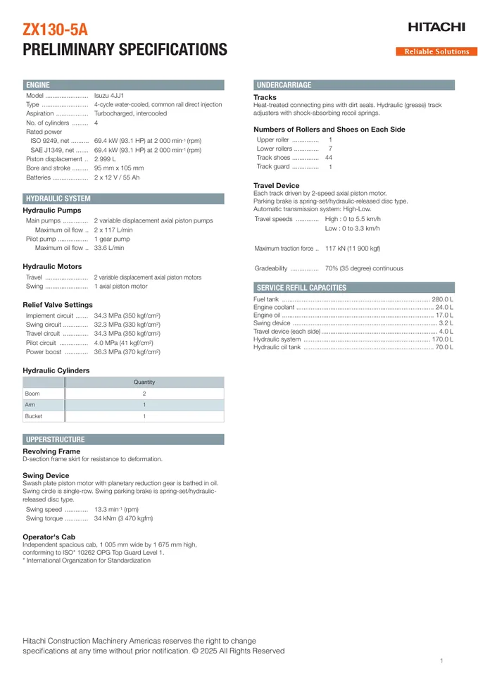 Hitachi ZX130-5A machine manual cover: Hitachi ZX130-5A Product specification