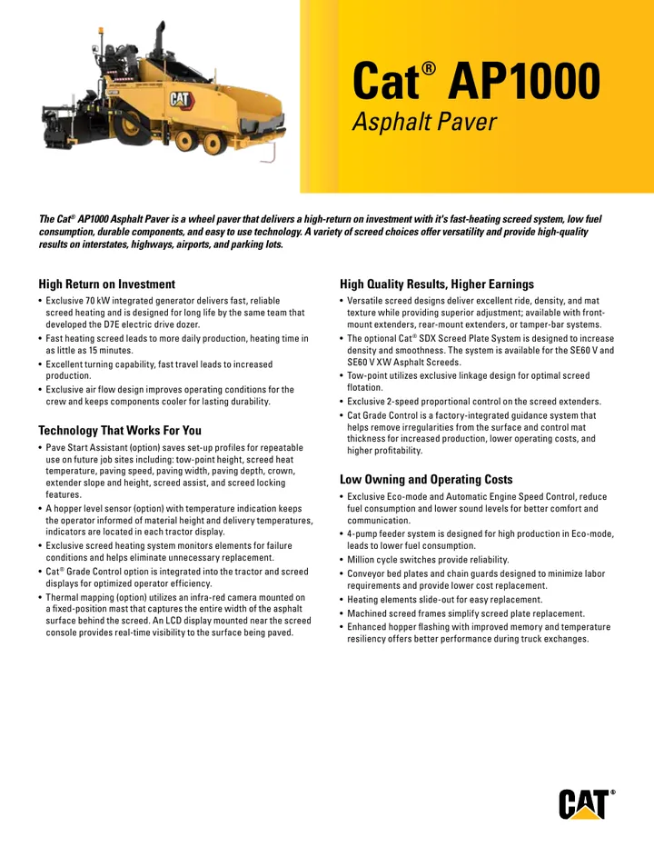 Caterpillar CAT®AP-1000 machine manual cover: Caterpillar CAT®AP-1000 Key features