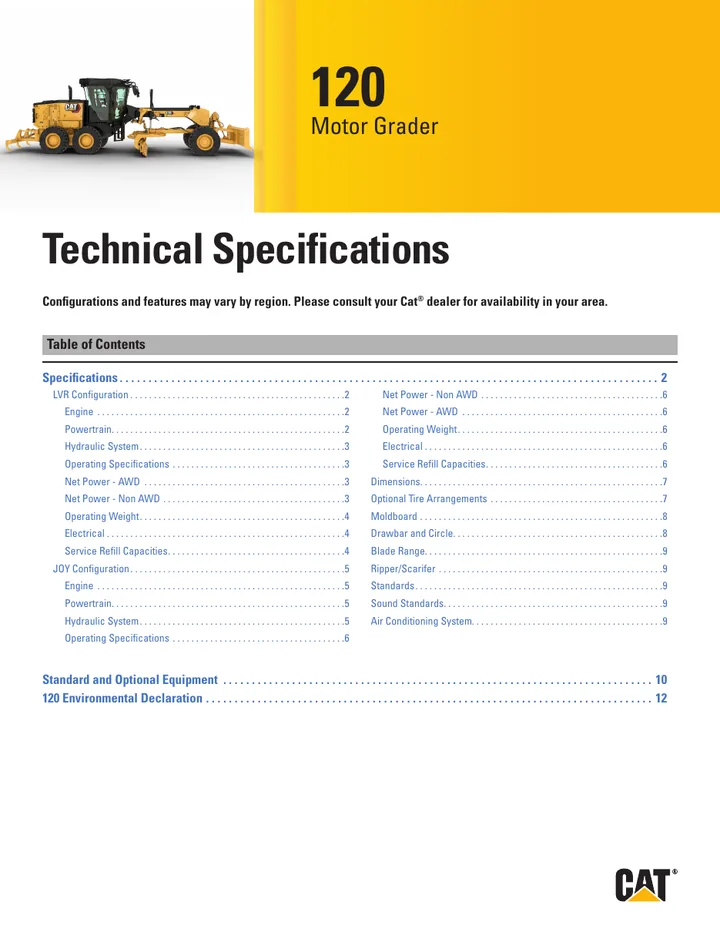 Caterpillar CAT®120 machine manual cover: Caterpillar CAT®120 Technical specification