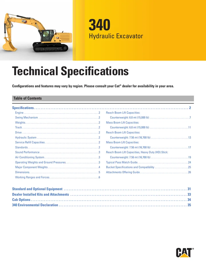 Caterpillar CAT®340 machine manual cover: Caterpillar CAT®340 Technical specification