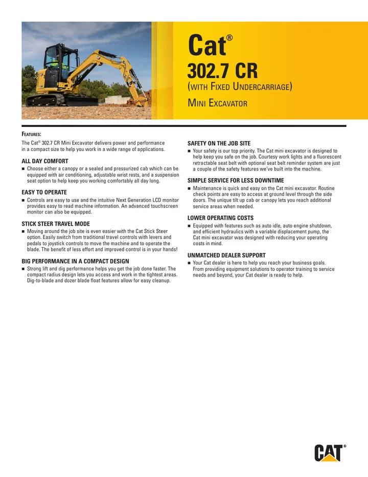 Caterpillar CAT®302.7 CR machine manual cover: Caterpillar CAT®302.7 CR Product brochure