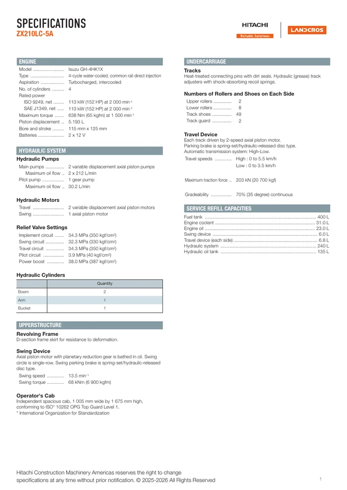 Hitachi ZX210LC-5A machine manual cover