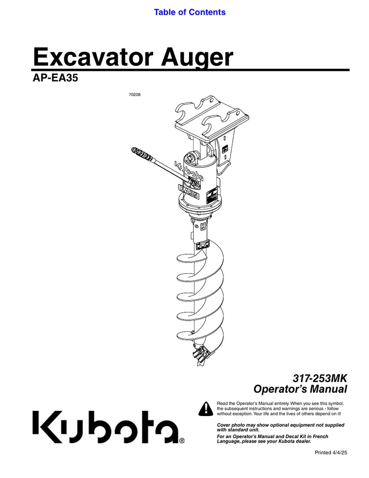 Kubota AP-EA35 Excavator Auger machine manual cover