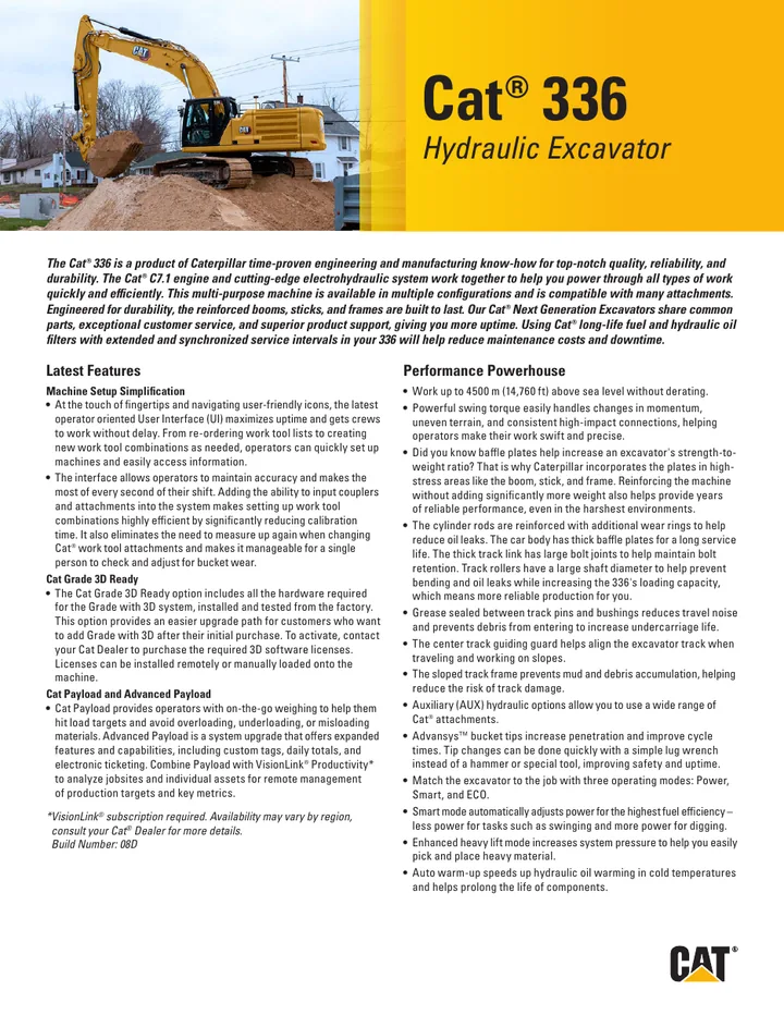 Caterpillar CAT®336 machine manual cover: Caterpillar CAT®336 Key features