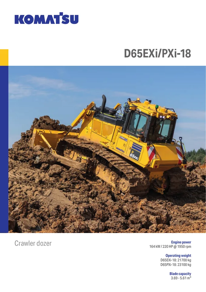 Komatsu D65EXI-18 machine manual cover: komatsu-d65exi-18-d65pxi-18-3458e03322da-product-brochure
