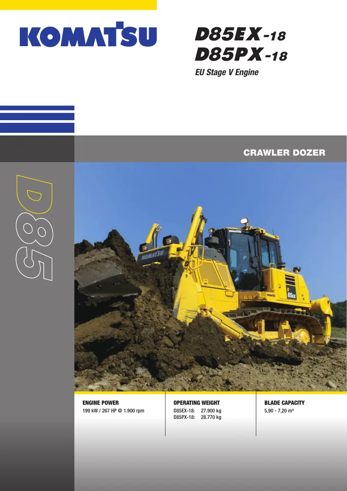 Komatsu D85EX-18 machine manual cover: komatsu-d85ex-18-52ef0a1f43d0-product-brochure